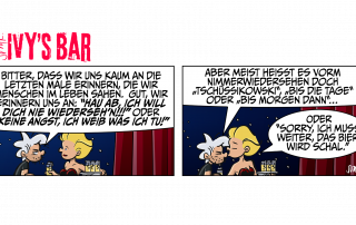 Cocktailbar, Nacht, rote Vorhänge wie blutende Wände. Sterne wie Löcher, die dem Schwarz entweichen. Der Typ: weiße Mähne, Bart, Jacke offen, sitzt wie ein Fossil seiner selbst. Ivy: blond, schwarzes Bustier, trägt Tablett mit Gläsern, rote Lippen wie schwerer Likörwein. Der Typ: „Bitter, dass wir uns kaum an die letzten Male erinnern, die wir Menschen im Leben sahen. Gut, wir erinnern uns an: ‚Hau ab. Ich will dich nie wiederseh’n!‘ Oder ‚Keine Angst, ich weiß, was ich tu!‘“ Der Typ zynt weiter: „Aber meist floskelt es vorm Nimmerwiedersehen doch 'Tschüssikowski', 'Bis die Tage' oder 'Bis morgen dann'" Ivy neigt sich vor, flüstert: „Oder ‚Sorry, ich muss weiter, das Bier wird schal.‘“ und sie entschwebt mit dem vollen Tablett.