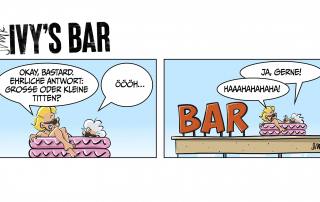 Ivy und Shortie mit Ray Bans im Kinderplanschbecken auf dem Dach der Bar. Glühend heiß steht die Sonne hoch am Himmel. Ivy, grinsend: „Okay, Bastard. Ehrliche Antwort: Große oder kleine Titten?“ Shortie, überrumpelt: „Öööh ...“ Shortie fasst sich: „Ja, gerne!“ Ivy: „Haaahahahaha!“