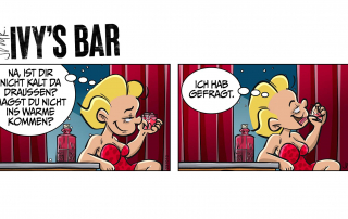 Ivy zu ihrem Drink: „Na, ist dir nicht kalt da draußen? Magst du nicht ins Warme kommen?“ Der Drink schweigt, Ivy trinkt den Drink: „Ich hab’ gefragt.“