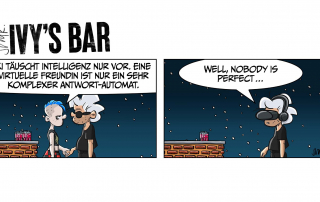 Kiki und Shortie halten Händchen. Auf der Theke ihre beiden Drinks. Kiki: „KI täuscht Intelligenz nur vor. Eine virtuelle Freundin ist nur ein sehr komplexer Antwort-Automat.“ Shortie jetzt allein. Ein Drink auf der Theke. Er trägt ein VR-Headset, seine ausgestreckte Hand hängt in der Luft. Er sagt: „Well, nobody is perfect.“
