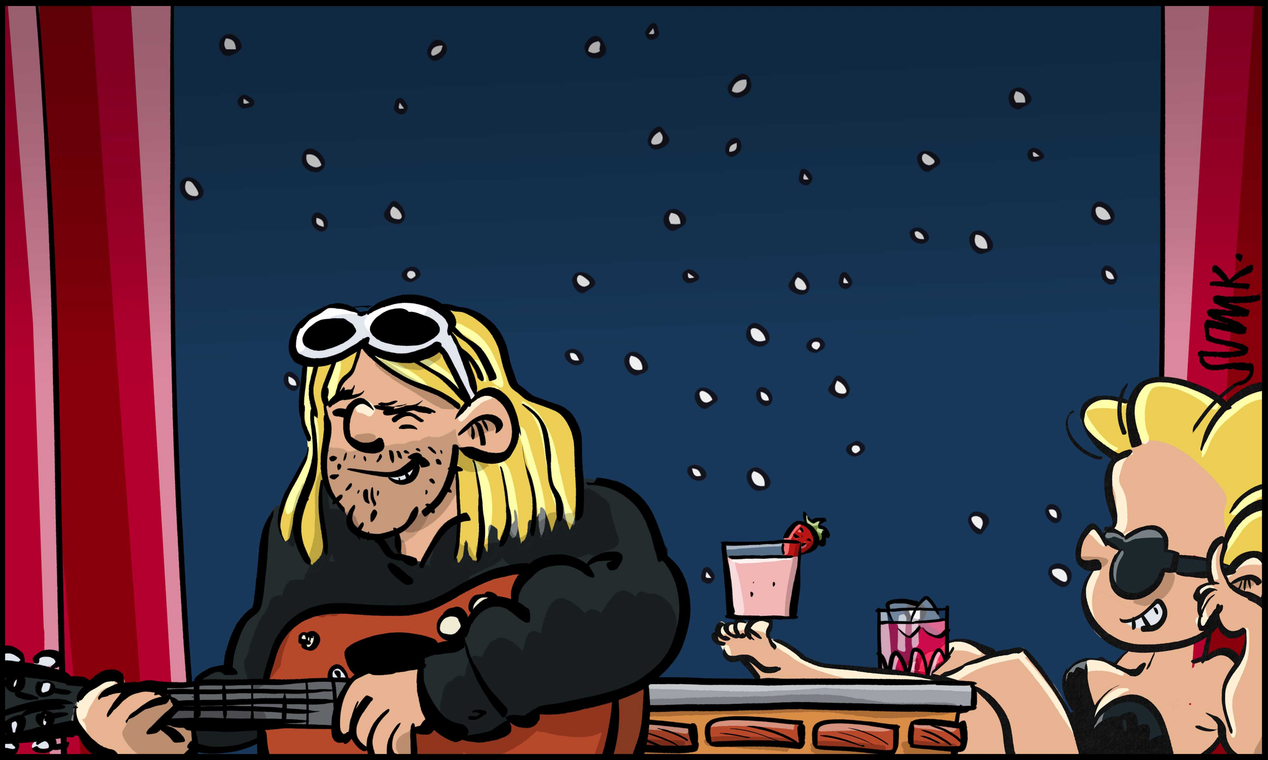 Kurt Cobain begleitet sie lachend auf der Gitarre.