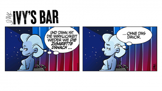 Ivy steht allein im Eingang einer Partylocation, den Blick irgendwo weit weg. Sie denkt: „Und dann ist die Wirklichkeit wieder wie die Zigarette danach...“ Ivy schaut den Betrachter an, lächelt ein wenig: „... ohne das davor.“