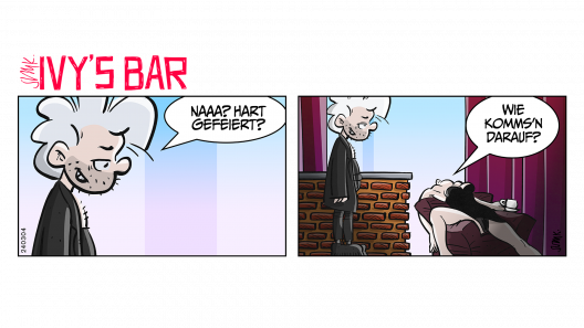 Morgen. Shortie betritt die Bar. Ivy liegt mit verdrehtem Kleid völlig matt in einem Sessel. Der Kopf ist zurückgefallen, in der einen Hand hält sie eine Kaffeetasse. Shortie: „Hart durchgefeiert?“ Ivy, kraftlos, ohne sich zu rühren: „Wie komms’n darauf?“