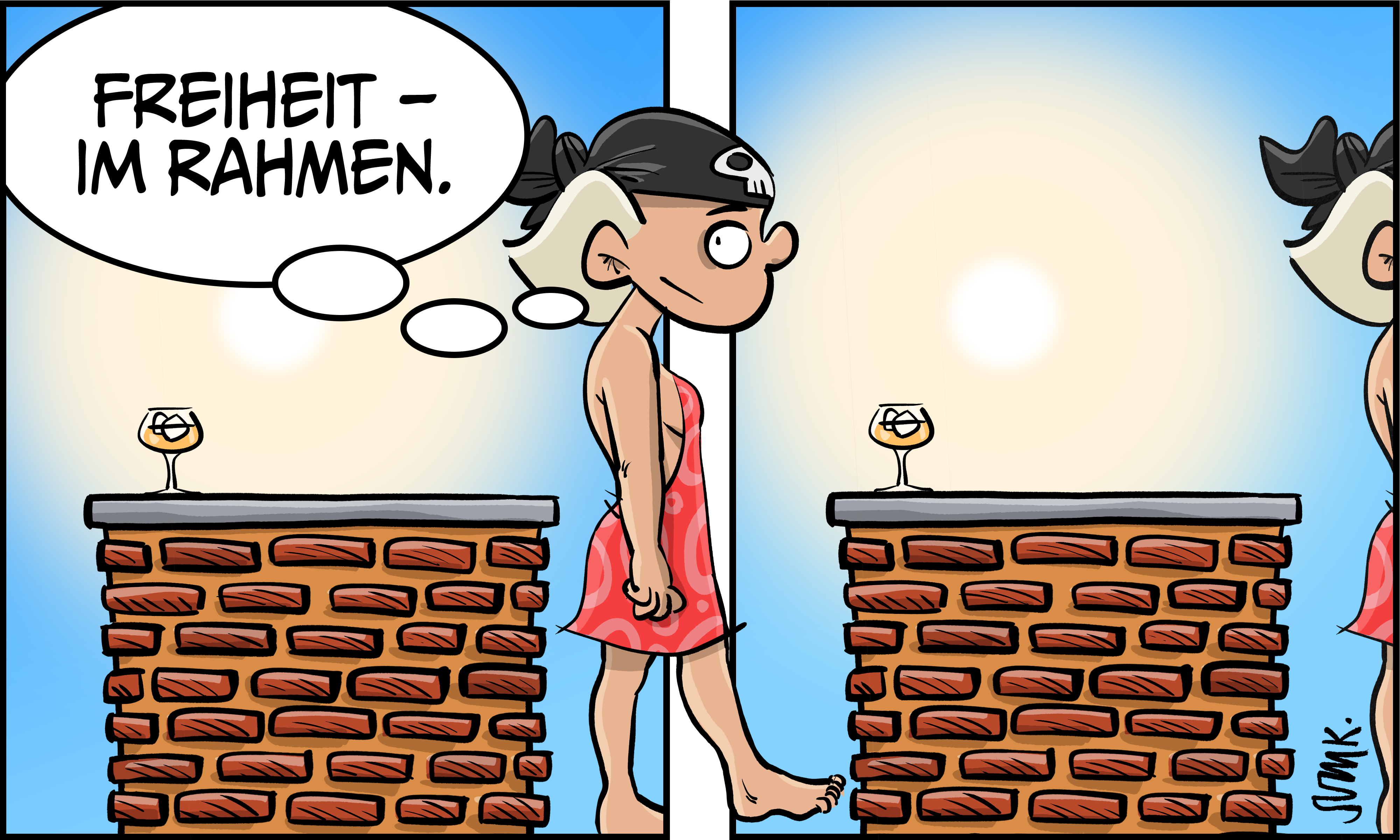 Ivy (schaut aus dem Comicpanel hinaus, setzt einen Fuß ins nächste Panel): Freiheit – im Rahmen.