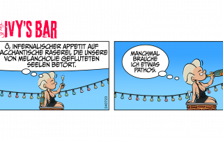 Ivy denkt, ein Glas Champagner in der Hand: Ô, Infernalischer Appetit auf bacchantische Raserei, die unsere von Melancholie gefluteten Seelen betört. Ivy, hat das Glas geleert, trinkt den Champagner jetzt direkt aus der Flasche: Manchmal brauche ich etwas Pathos.
