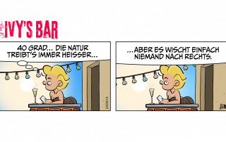 Ivy (liest im Handy): 40 Grad … Die Natur treibt’s immer heißer … Ivy (schaut den Betrachter an): … aber es wischt einfach niemand nach rechts.