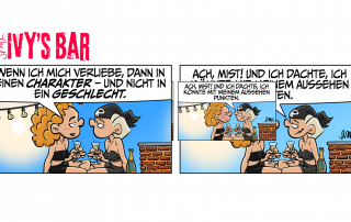 Maeve und Ivy sitzen mit Champagnergläsern auf der Wiese im Biergarten. Maeve: Wenn ich mich verliebe, dann in einen Charakter – und nicht in ein Geschlecht. Ivy. Ach, Mist! Und ich dachte, ich könnte mit meinem Aussehen punkten.
