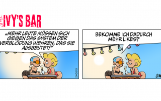 Ivy (liest im Telefon): „Können sich nicht mehr Menschen entschließen, sich gegen das System der Verdummung zu wehren, das sie ausbeutet?“ Mimi: Bekomme ich dadurch mehr Likes?