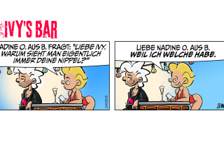 Ivy: Nadine o. aus B. fragt (liest im Telefon): „Liebe Ivy. Warum sieht man eigentlich immer Deine Nippel?“ Ivy: Liebe Nadine O. aus B. Weil ich welche habe.