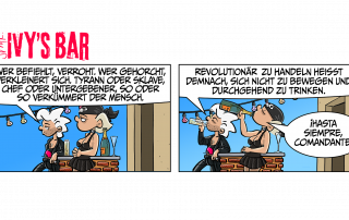 Typ: Wer befiehlt, verroht. Wer gehorcht, verkleinert sich. Tyrann oder Sklave, Chef oder Untergebener, so oder so verkümmert der Mensch. Ivy und der Typ trinken. Der Typ: Revolutionär zu handeln heißt demnach, sich nicht zu bewegen und durchgehend zu trinken. Ivy: ¡Hasta siempre, Comandante!