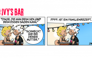 Ivy liest im Telefon: „Dinge, die man beim Sex und beim Essen sagen kann.“ Der Typ: „Schmeckt wie bei Deiner Mutter.“ Ivy: Pfff!!! Ist ein Familienrezept.