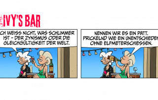 Der Typ: Ich weiß nicht, was schlimmer ist – der Zynismus oder die Gleichgültigkeit der Welt. Sie trinken. Ivy: Nennen wir es ein Patt. Prickelnd wie ein Unentschieden ohne Elfmeterschießen.