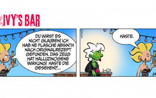 Absinth – Ivy: Du wirst es nicht glauben! Ich hab ne Flasche Absinth nach Originalrezept gefunden. Das Zeug hat halluzinogene Wirkung! Haste die gesehen?… Man sieht den Typ, blinde Augen, grün im Gesicht. Ivy (lacht): Haste.