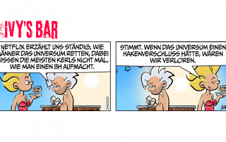 Biergarten oder so, Sonne, Lichterkette. Wüste im Kopf, Staub in der Luft. Der Typ: weiße Mähne, weißer Bart, obennackig, iPhone. Er liest: „Netflix erzählt uns ständig, wie Männer das Universum retten, dabei wissen die meisten Kerls nicht mal, wie man einen BH aufmacht.“ Ivy, blond, rot engbekleidet: „Stimmt. Wenn das Universum einen Hakenverschluss hätte, wären wir verloren.“ Beide kicherdings.