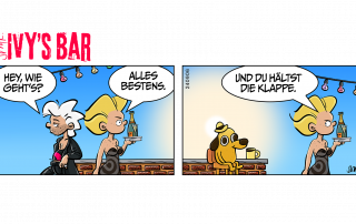 This is fine – Der Typ: "Hey, wie geht's?" Ivy (geht vorbei, trocken): Alles bestens. Ivy geht am "Question Hound" aus dem bekannten Meme "It is fine" vorbei, der an der Theke sitzt und seinen Kaffee trinkt. Ivy: Und du hältst die Klappe!