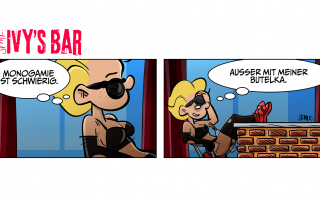 Cocktailbar. Eine stille Insel im lauten Clubsturm. Ivy am  Tresenbegierdenbarrieresehnsuchtssteg. Ivy, blond, Dunkelrayban, Schwarzbustier, Löcherhandschuhe, rote Sneakers, Lehne und Körper tief zurückgeklappt. Sie schiefgrinst: „Monogamie ist schwierig.“ Ivy schnurrt, Flasche zwischenbeinig: „Außer mit meiner Butelka.“ Sterne, Nacht, Vorhang.
