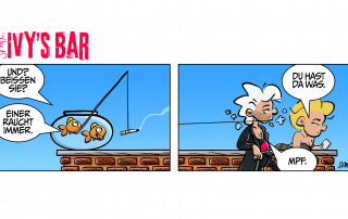 Zwei Goldfische im Aquarium. Der erste Fisch hält eine Angelrute aus dem Aquarium, daran eine brennende Filterzigarette. Der zweite Fisch fragt: „Und? Beißen sie?“ Der erste Fisch: „Einer raucht immer.“ Später steht der Typ an der Theke, aus seinem Mund raucht es und es hängt ein Faden aus einem Mundwinkel. Ivy sieht das, sagt: „Du hast da was.“ Der Typ tut unbeeindruckt, grummelt.