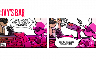 Panel 1: Ivy sitzt lässig an der Bar, neben ihr sitzt Gina. Ivy (trocken): „Wir haben kein Alkoholproblem.“ Panel 2: Beide Frauen trinken direkt aus Champagnerflaschen. Ivy: „Es ist immer genug da.“
