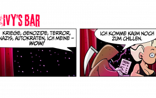 Ivys Bar. Nacht. Eine müde Stimme aus dem Off: „Kriege, Genozide, Terror, Nazis, Autokraten, ich meine – Wow!“ Die Stimme gehört dem Tod, der rauchend die Cocktailkarte studiert und raunend hinzufügt: „Ich komme kaum noch zum Chillen!“