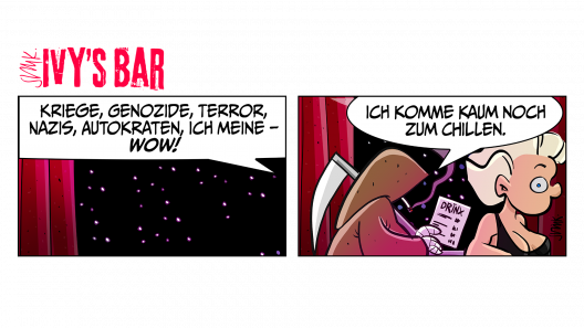 Ivys Bar. Nacht. Eine müde Stimme aus dem Off: „Kriege, Genozide, Terror, Nazis, Autokraten, ich meine – Wow!“ Die Stimme gehört dem Tod, der rauchend die Cocktailkarte studiert und raunend hinzufügt: „Ich komme kaum noch zum Chillen!“