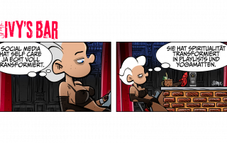 Cocktailbar. Nacht. Die Sterne ein absurder Witz: zerborstenes Licht in einem Himmel, der längst kapituliert hat. Der Vorhang blutrot, wie immer, weil nichts je anders ist. Ivy, diese Ivy, blond, schwarzbustiert, in ihren roten Turnschuhen, thront, nein, fläzt, halb arrogant, halb gelangweilt, wie jemand, der genau weiß, dass er mehr zu sagen hat, als die Welt je verstehen würde. Das Handy in ihrer Hand, eine Geste der Verachtung für alles, was darin steht, und doch liest sie, spricht sie, urteilt sie: „Social Media hat Self-Care ja echt voll transformiert.“ Ivy weiter: „Sie hat Spiritualität transformiert in Playlists und Yogamatten.“ Ivy lehnt sich zurück, ein Lächeln, das kein Lächeln ist, eher eine scharfe Linie, die ihr Gesicht durchschneidet. Der Cocktail vor ihr, Minze und Eis, eine Inszenierung, wie alles in dem Laden.  Der Vorhang bleibt rot, die Sterne kapitulieren weiter, und Ivy, Ivy bleibt.