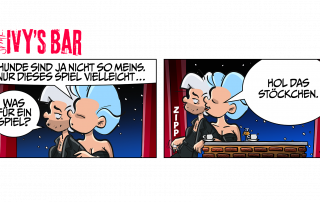 Cocktailbar, Nacht. Sterne flimmern, Nadelstiche im Schwarz. Roter Vorhang. Theke ein Schlachtfeld aus Gläsern. Typ, weiße Mähne, halb geöffnete Jacke, Espresso vor sich, tresenlehnend. Neben ihm Ivy, blond, schwarzes Bustier, blasses Lächeln.  Stimme fast beiläufig: „Hunde sind ja nicht so meins. Nur dieses Spiel vielleicht …“ Der Typ so: „Was fürn Spiel?“ Ivy neigt sich zu ihm, handimschritt, ZIPP! Typs Reißverschluss gerissen. Ivy: „Hol das Stöckchen!“