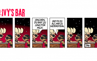 Ivy und Gina sitzen sich an der Bar gegenüber, der Nachthimmel mit Sternen bildet die Kulisse. Im zweiten Panel legt Gina ihre Hand vorsichtig, zurückgenommen, aber mit einer mutigen Geste auf Ivy’s Hand. Dieser Moment schafft eine spürbare Nähe. Ivy reagiert mit einem lakonisch-flehendem Ton, der Humor und Unsicherheit mischt: „Ginchen, du bist zu jung für mich.“ Gina kontert selbstbewusst und schlagfertig mit einem schelmischen Grinsen: „Und du zu alt, mir zu widerstehen.“ Die Spannung bleibt bestehen, und im letzten Panel nimmt Ivy den Kontakt auf, indem sie ihre Hand auf Ginas Arm legt.