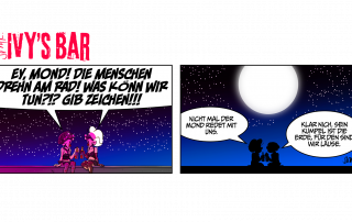 Ivy und Gina sitzen auf dem Dach des Clubs. Unter ihnen: die Stadt, kaputt. Über ihnen: der Himmel, egal. Leere Flaschen, leere Gläser. Die Nacht: mittendrin. Alles: über. Beide schreien hoch in die Dunkelheit, wo nur der Mond ist, nur er. „Ey, Mond! Die Menschen dreh’n am Rad! Was könn wir tun? Gib Zeichen!!!“ Ihre Stimmen verhallen. Die Stille danach. Ivy, ungebrochene Stimme: „Nicht mal der Mond redet mit uns.“ Gina, scharf wie ein Stein in der Kehle: „Klar nich. Sein Kumpel ist die Erde, für den sind wir Läuse.“ Dann nichts mehr. Die Stadt atmet. Der Mond bleibt.