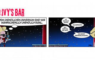Panel 1: Ivy auf dem Weg zur Theke. Durch das Panoramafenster sieht man einen klaren Nachthimmel mit vielen funkelnden Sternen. Ivy, lakonisch: „Dem unendlichen Universum sind wir wahrscheinlich unendlich egal.“ Panel 2: Man sieht jetzt nur den klaren Nachthimmel mit vielen funkelnden Sternen. Ein Planet: „Ist sie nicht süß?“ Zweiter Planet „Zuckersüß!“ Dritter Planet: „Wo hast du sie her?“ Vierter Planet: „Die Erde? Überraschungsei.“